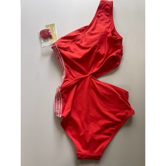 Michael Kors sz 6 One Shoulder Sangria Coral Logo Spell Out Trim One Piece Swim - Picture 5 of 5